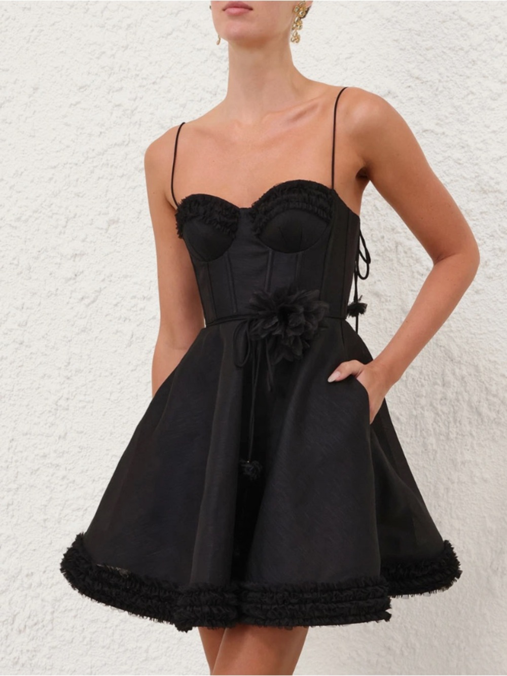 Zimmermann Black Corset Mini Dress with Floral Waist Detail